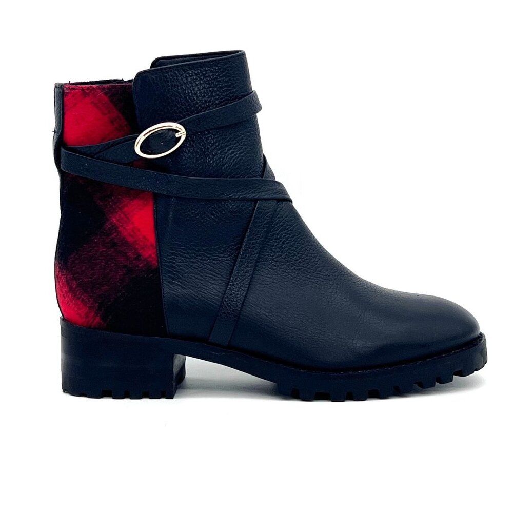 Talbots Black Leather Ankle Boots Womens Size 5M Red Plaid Accent Zip & Buckle - Picture 9 of 14
